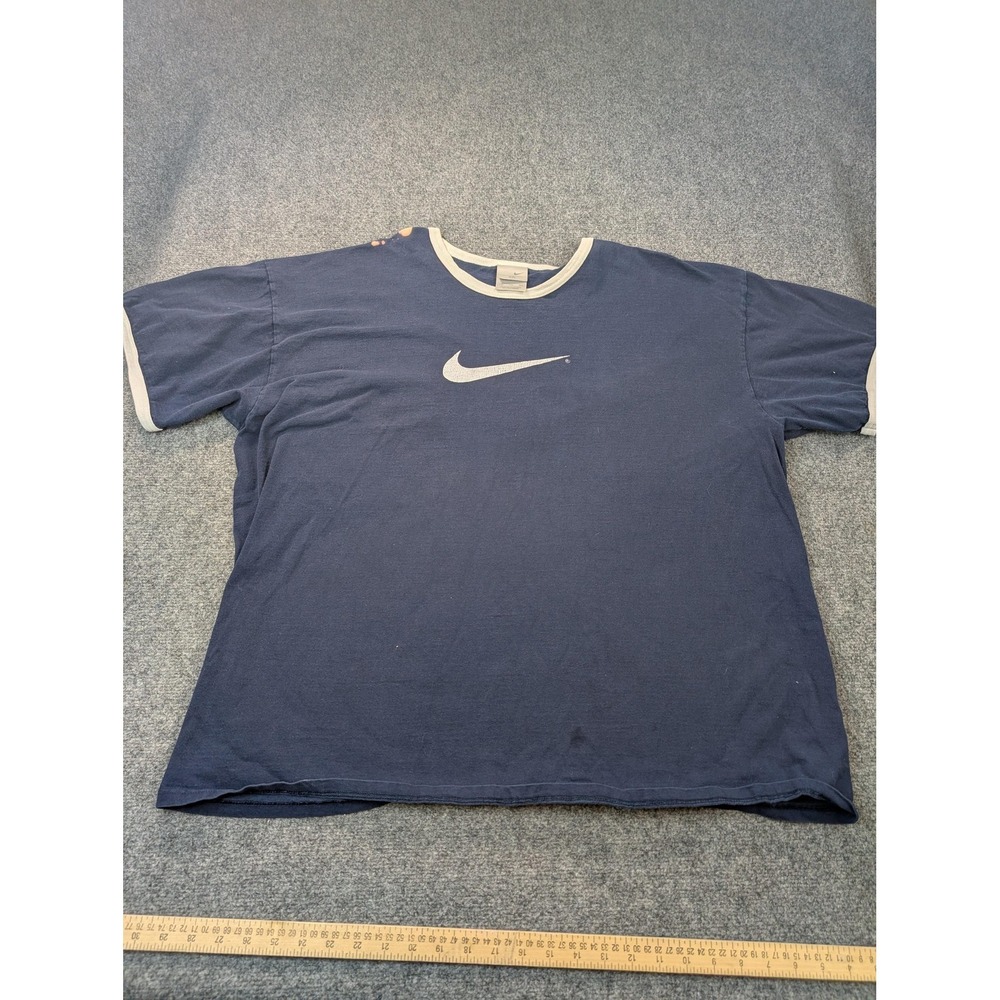 Nike Shirt Mens 2XL Blue Swoosh Logo Graphic Ringer Tee Short Sleeve Crewneck